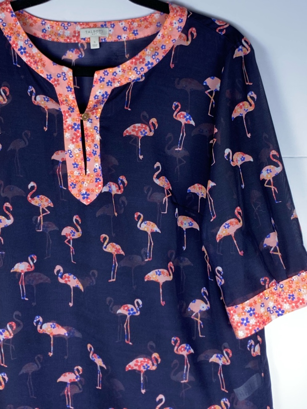Talbots Flamingo Print Sheer Tunic Cover Up Navy Pink Size S Beach Swim Top - Picture 3 of 14